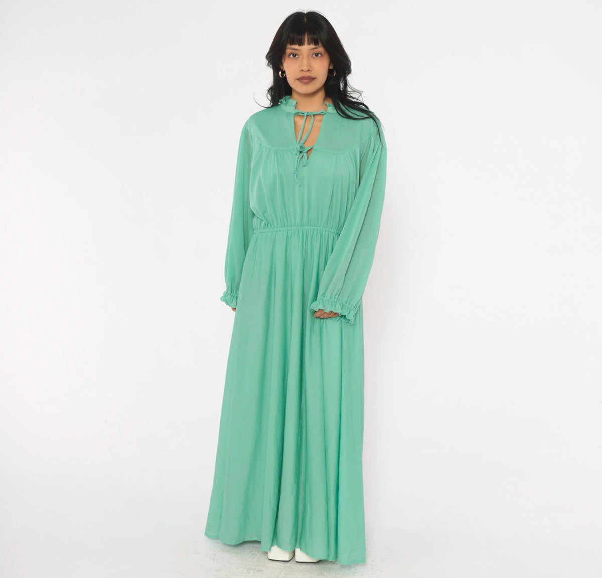 70s Sea Green Maxi Dress Balloon Sleeve Keyhole A-Line Extra Large