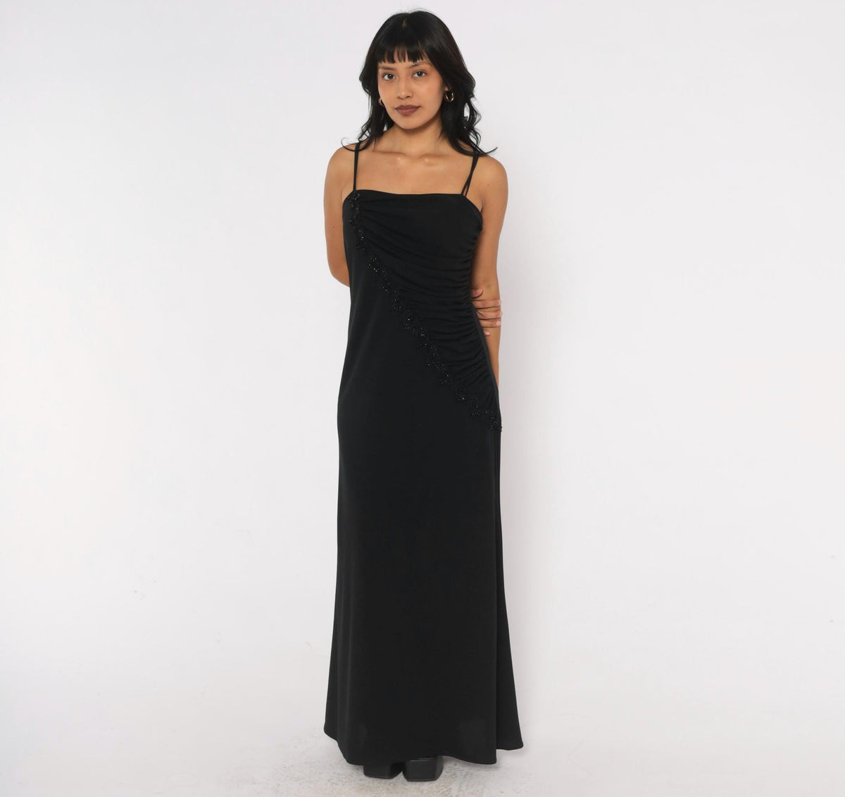 90s Scarlett Black Maxi Dress Beaded Trim Ruched Square Neck Medium M