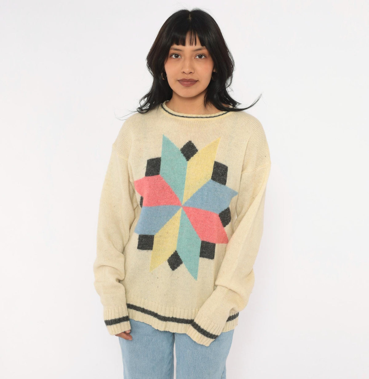 80s Cream Wool Sweater Geometric Star Pattern Knit Pink Blue Yellow Large L
