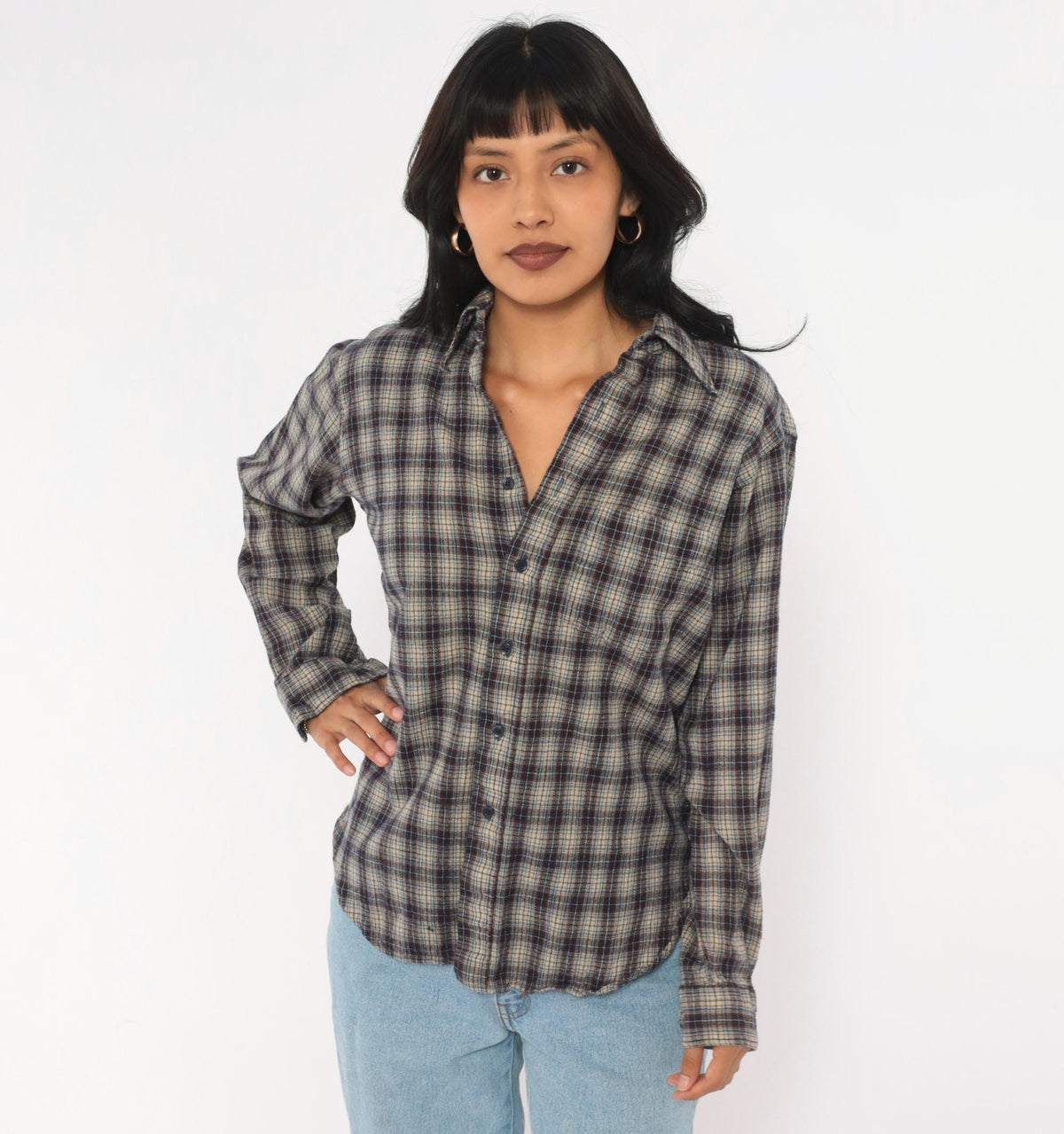 60s Sir Pendleton Wool Plaid Shirt Navy Brown Check Button Front Small