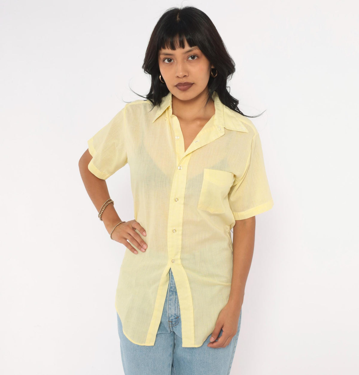 70s Yellow Cotton Button Up Shirt Short Sleeve Pointed Collar Chest Pocket Extra Small XS