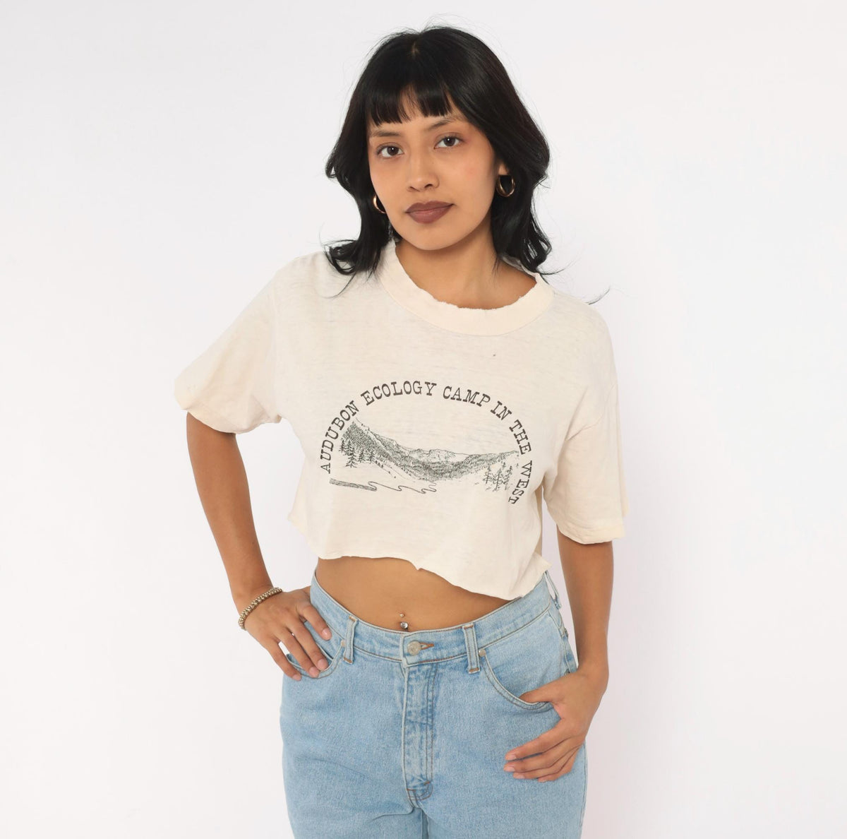 90s Audubon Ecology Camp Mountain Pine Tree Graphic Crop Top Cream Small
