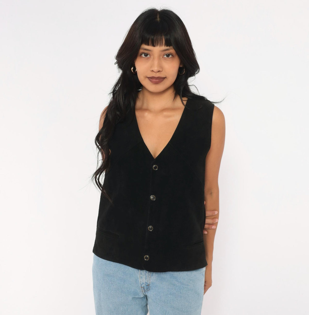 90s Black Suede Vest Deep V Snap Button Western Waistcoat Medium M