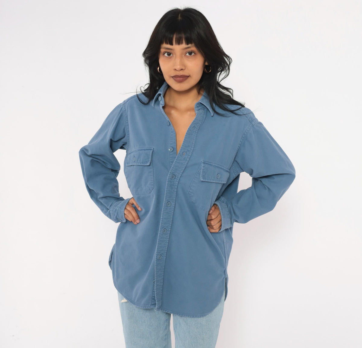 90s L.L.Bean Slate Blue Cotton Work Shirt Chest Pocket Collared Medium