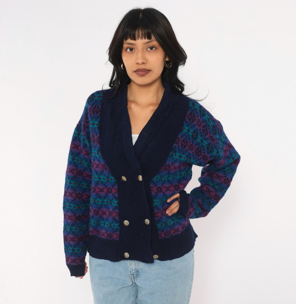 80s Fair Isle Cardigan Navy Wool Blend Shawl Collar Double Breasted Medium M