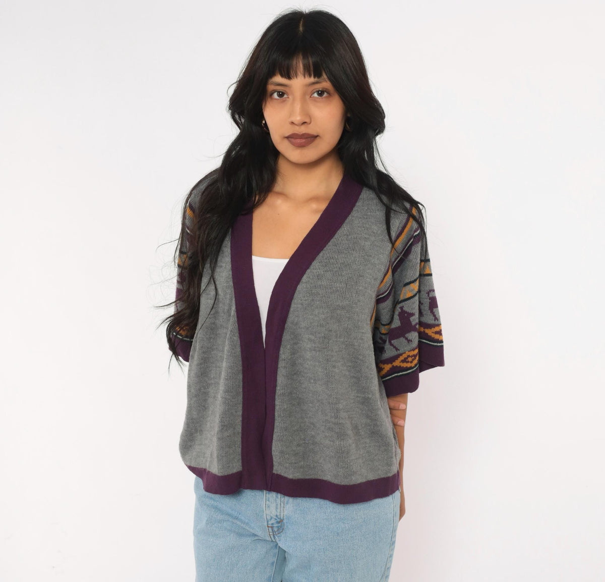 70s Southwestern Cardigan Gray Llama Alpaca Knit Kimono Sleeve Small Medium