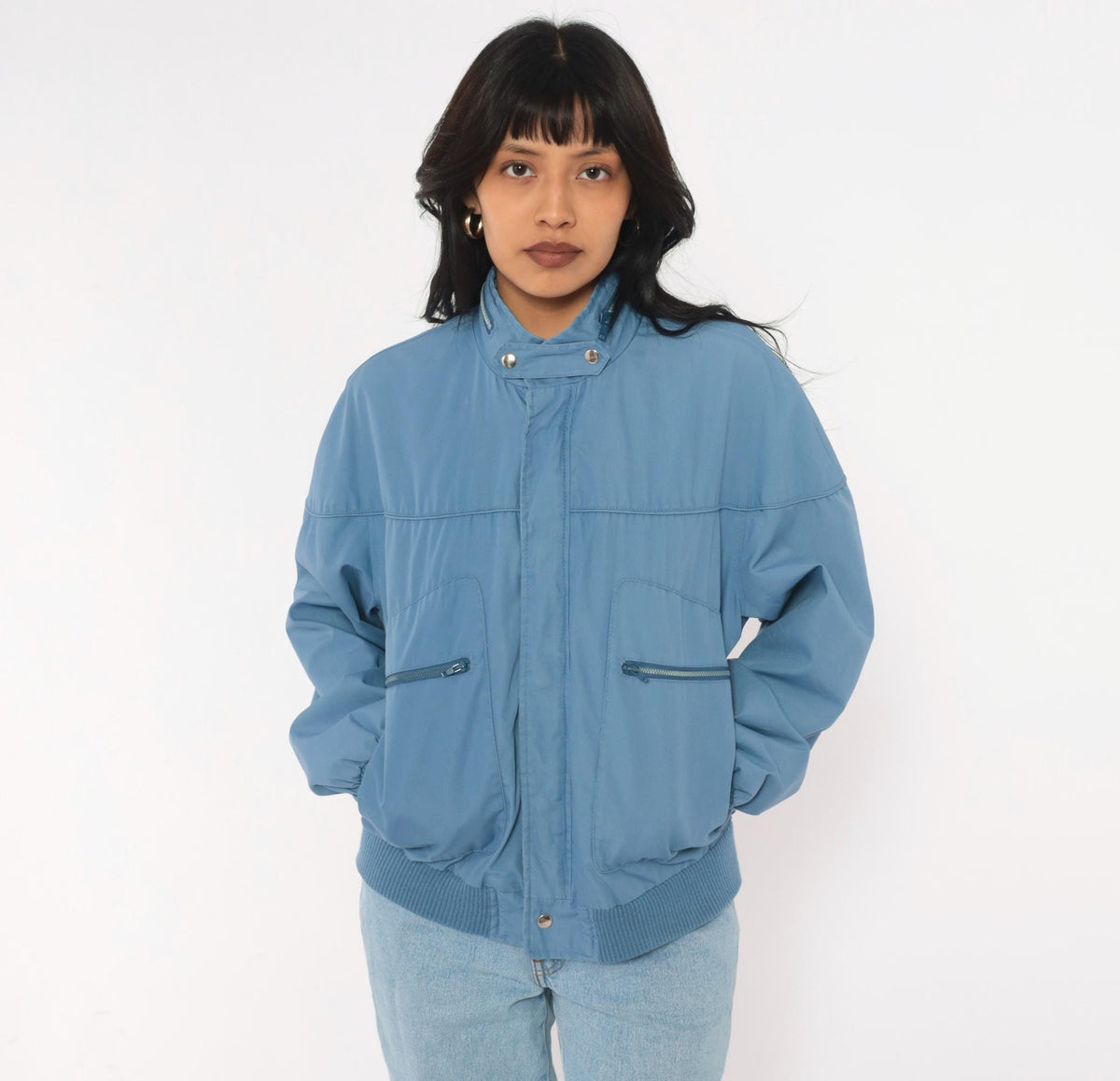 80s Crossings Bomber Jacket Slate Blue Dolman Sleeve Zip Front Medium