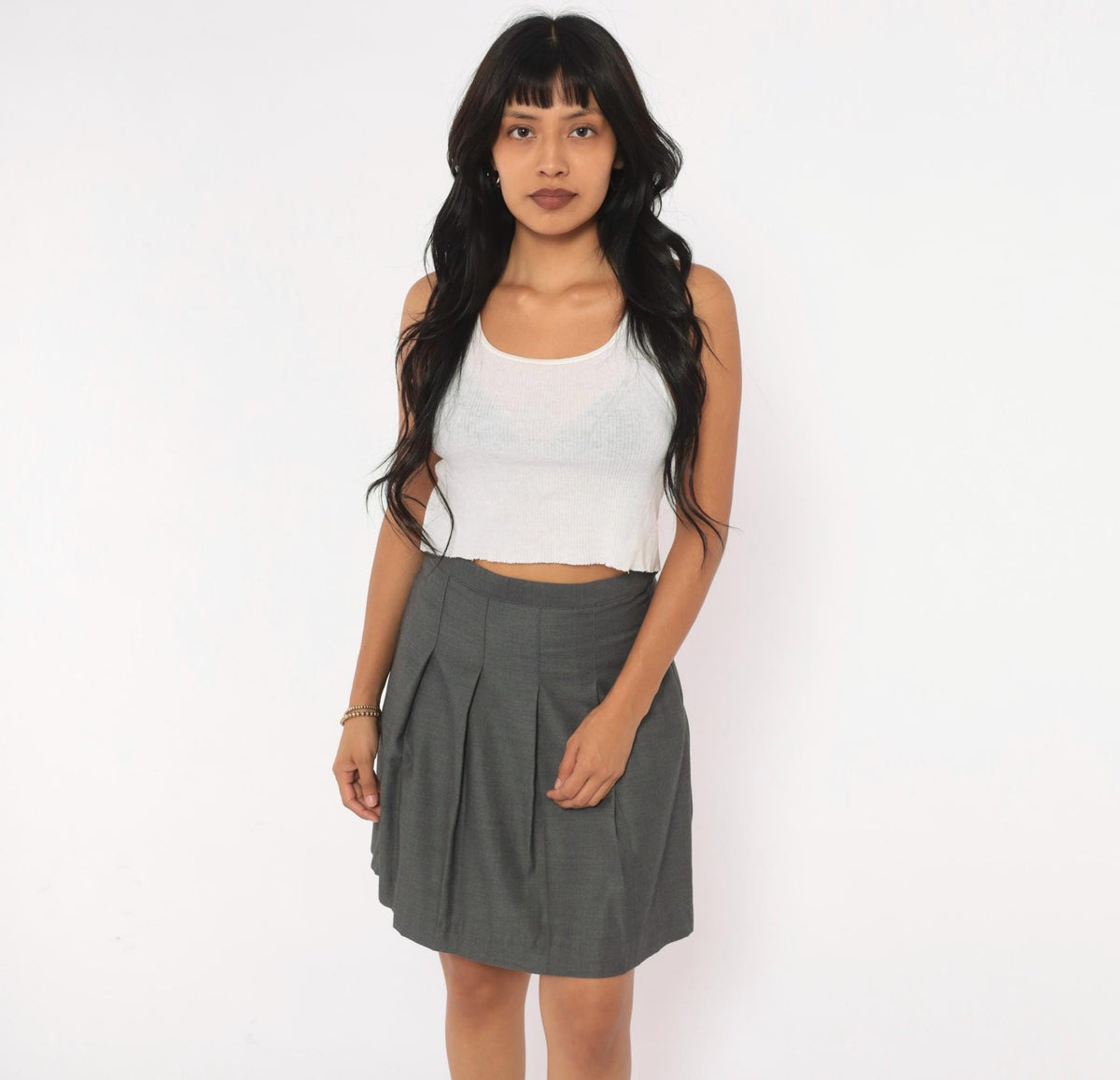 Y2K Grey Pleated Mini Skirt A-Line Box Pleat Charcoal Small S
