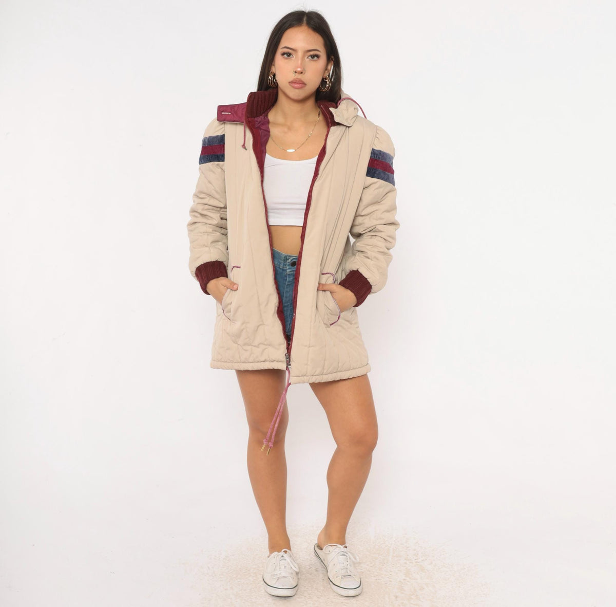 80s JC Penney Cream Puffer Coat Hooded Quilted Ski Jacket Small