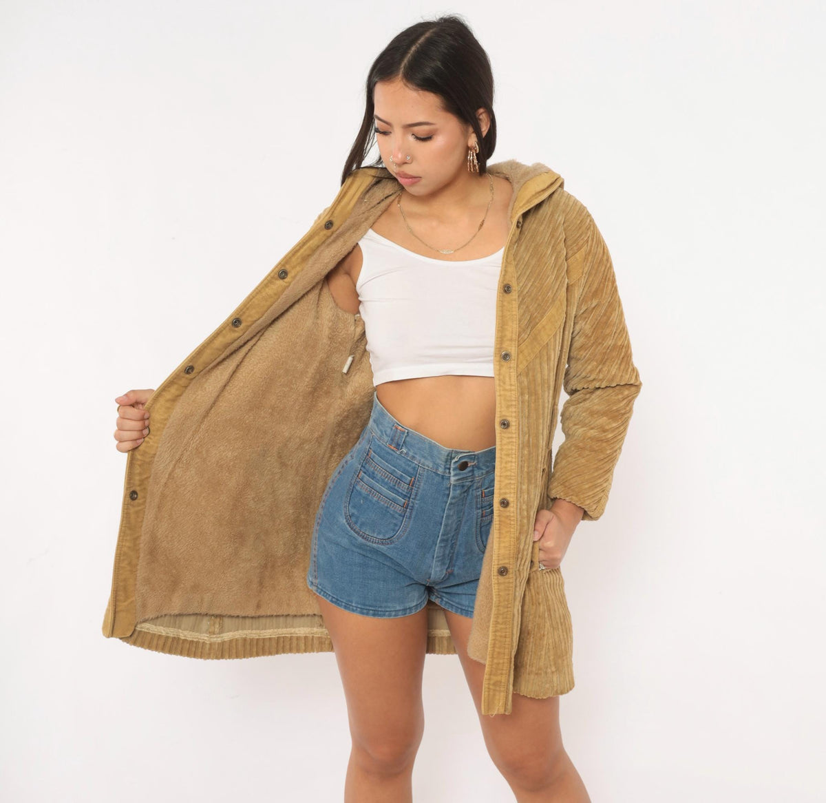 70s Rovercoat Arthur Jay Corduroy Hooded Coat Beige Wide Wale Faux Fur Lined Small S