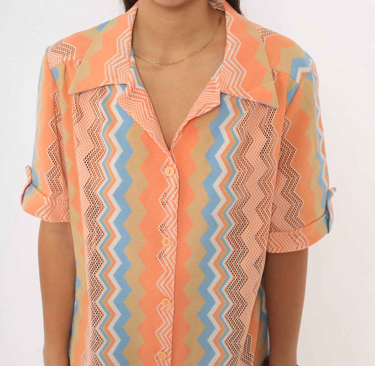 70s Chevron Zigzag Button Up Blouse Orange Coral Blue Open Knit Mesh Large