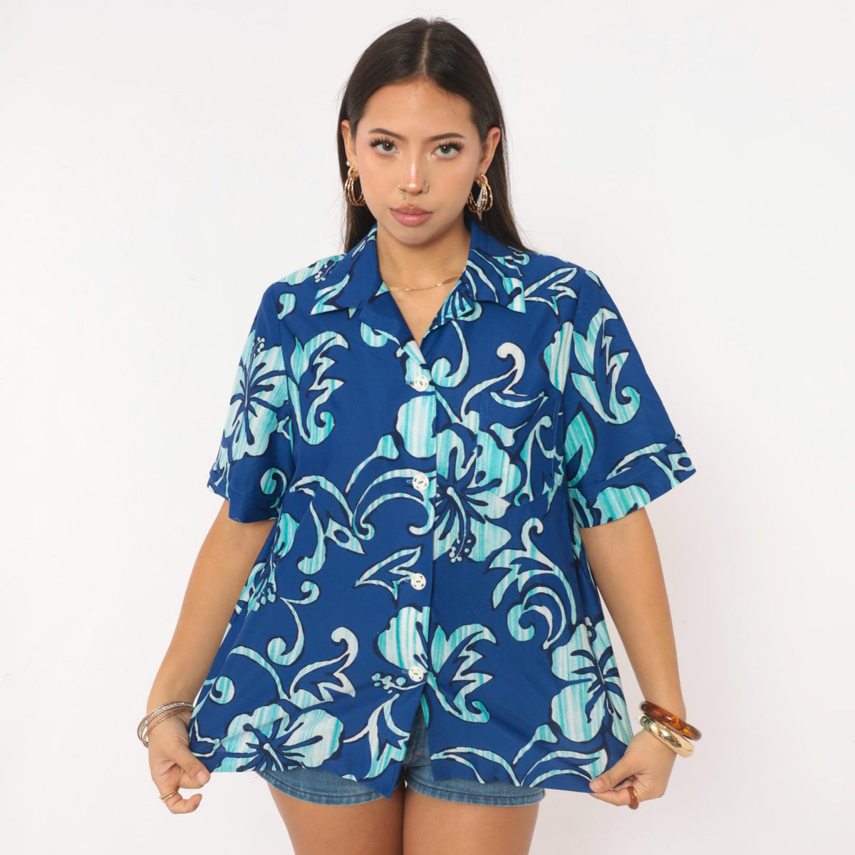 70s Hawaiian Shirt Navy Blue Hibiscus Floral Camp Collar Short Sleeve Medium M