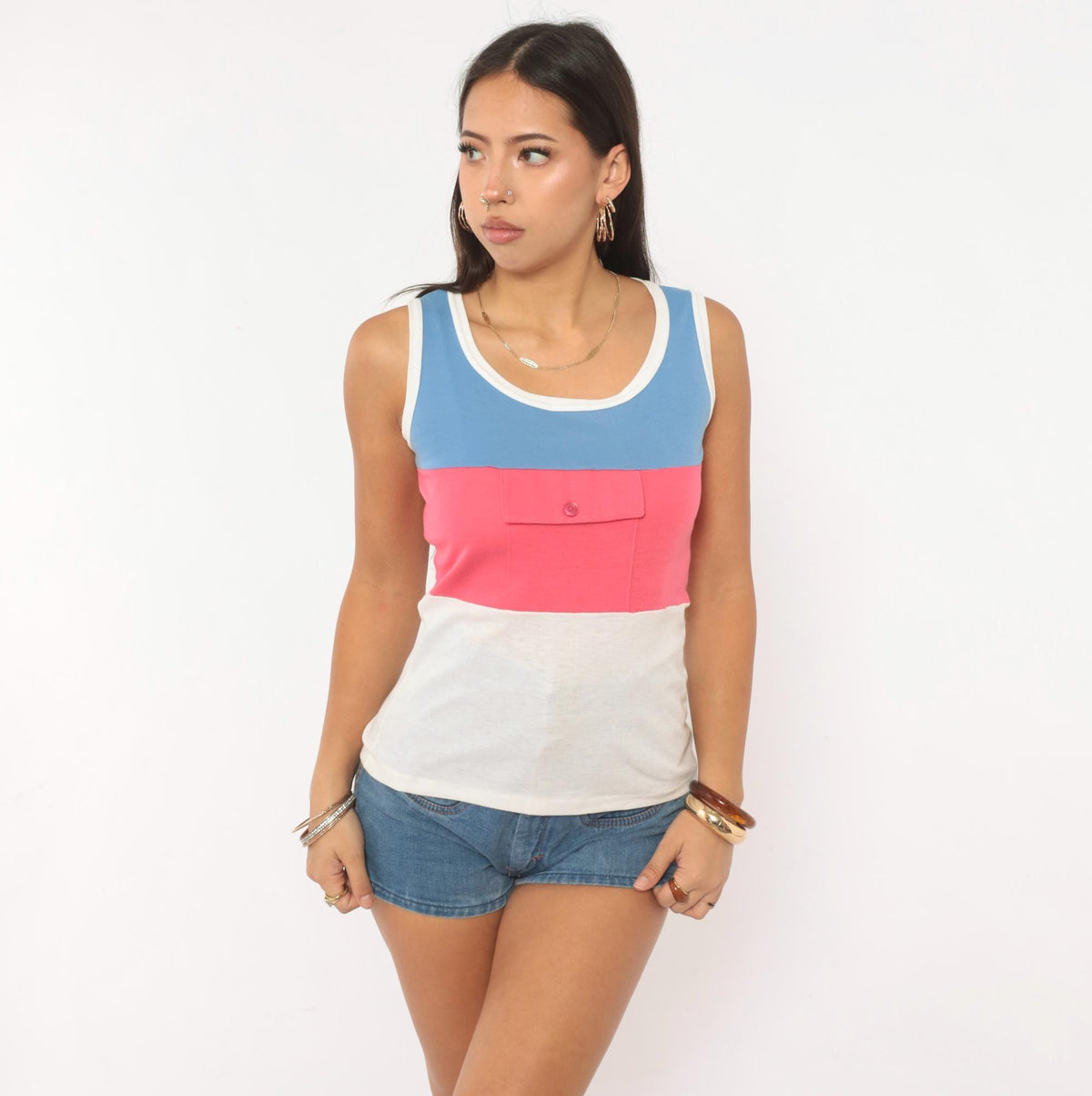 80s Color Block Tank Top Blue Pink White Cotton Sleeveless Extra Small XS
