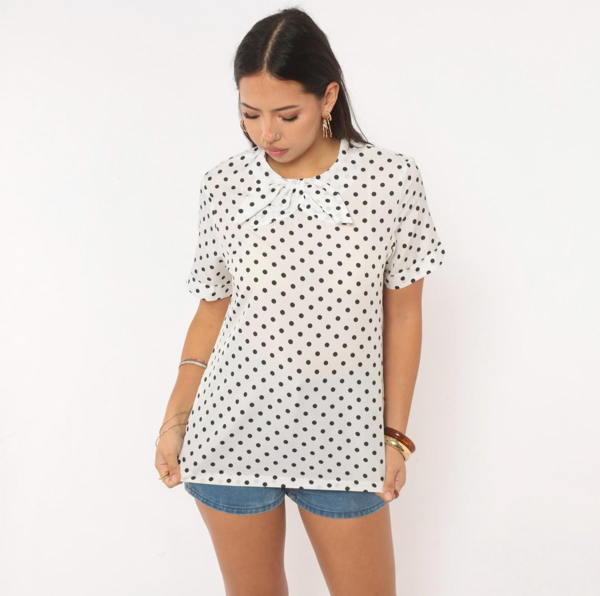 70s Sears Polka Dot Blouse White Black Bow Tie Collar Keyhole Back Medium