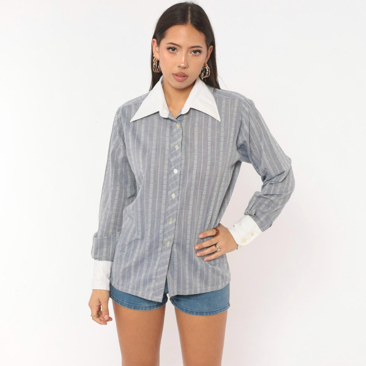 70s Balore Grey Striped Button Up Shirt Contrast Collar Medium