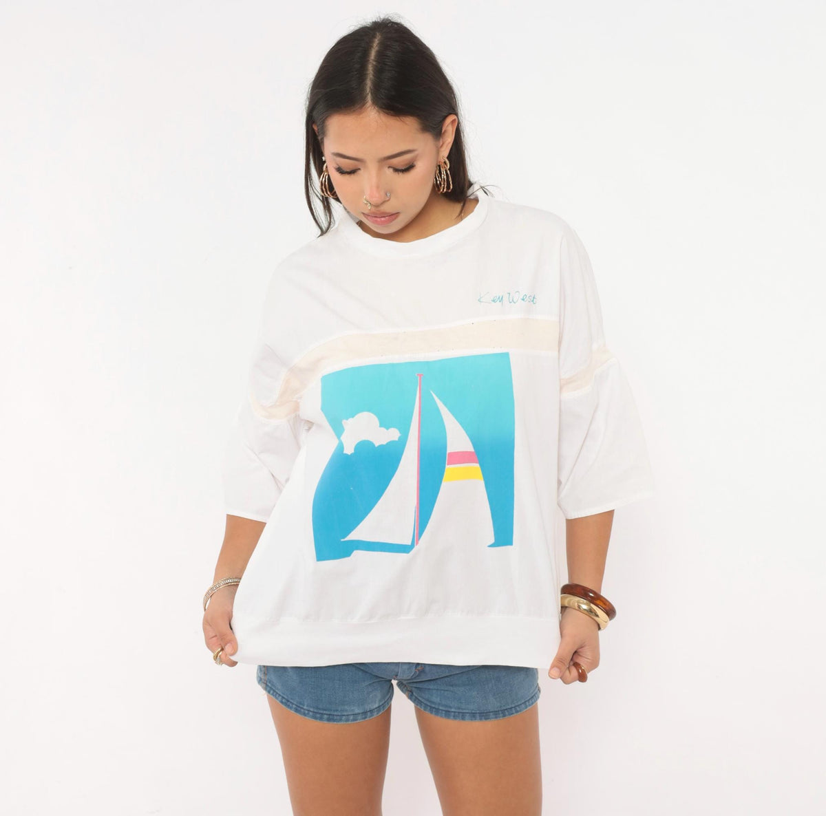 80s Raz Key West Sailboat Graphic Tee White Three Quarter Sleeve Large