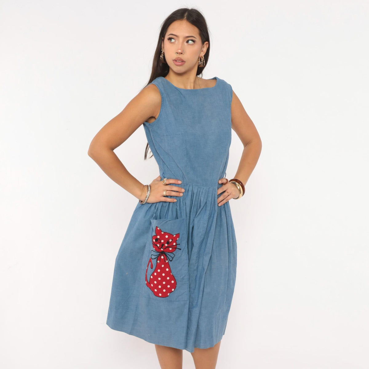 60s Blue Chambray Dress Cat Applique Boat Neck Below Knee Small