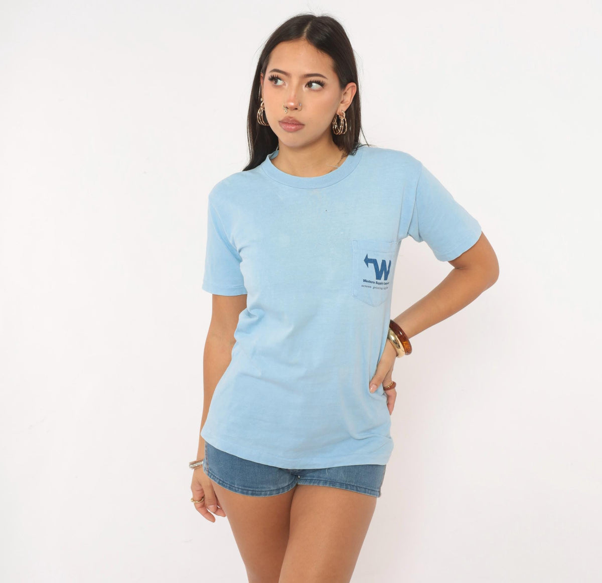 90s Western Supply Company Cowboy Bronco Pocket Tee Light Blue Small S