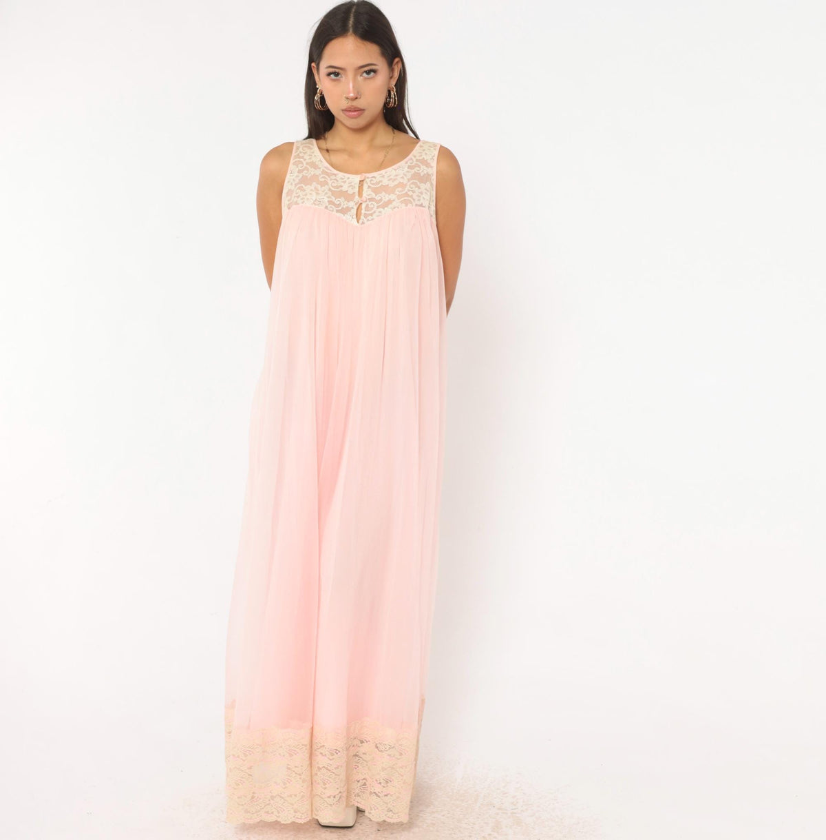 80s Blush Pink Maxi Nightgown Ivory Lace Yoke Scoop Neck Medium