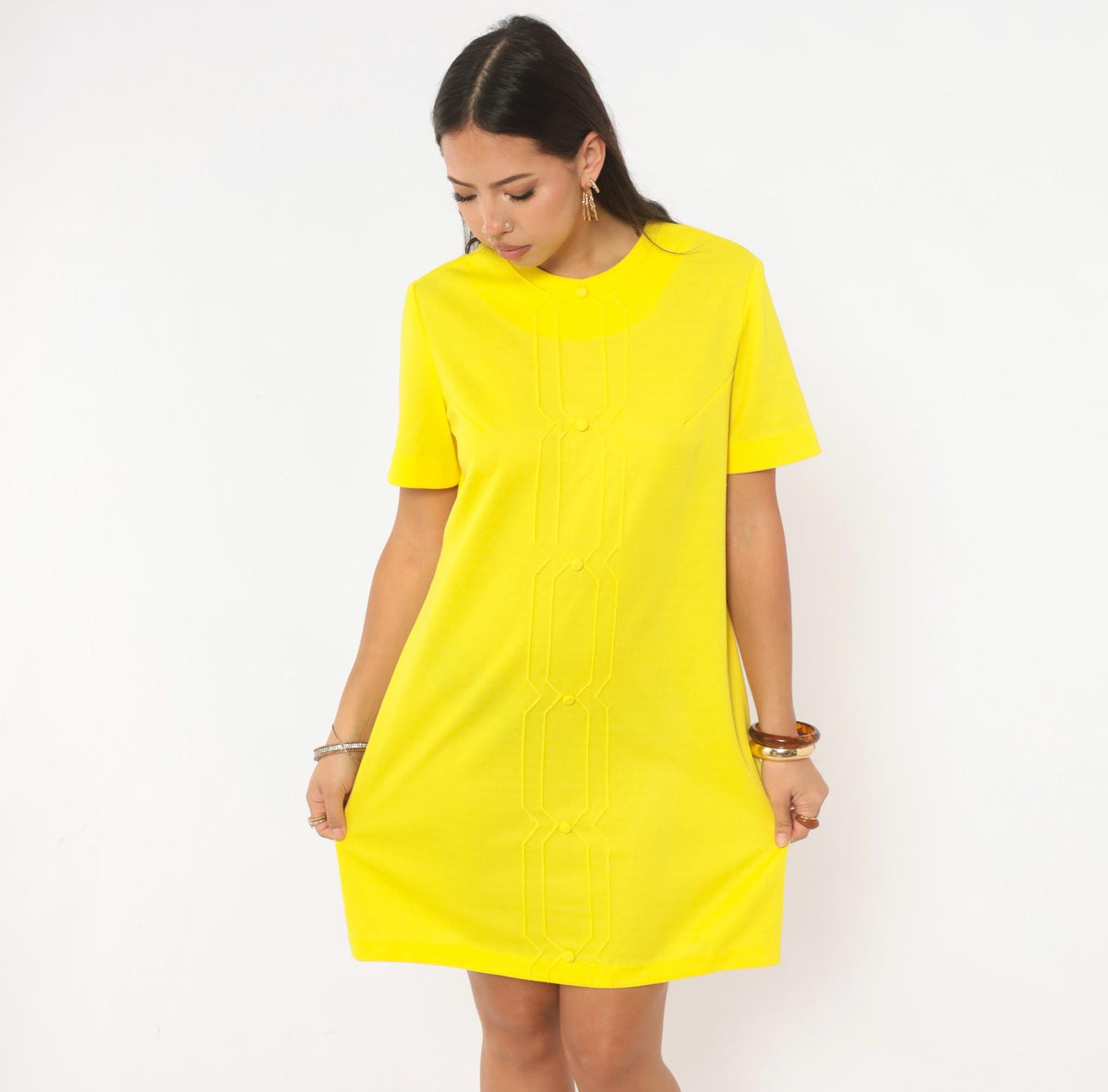 60s Nelly Don Yellow Shift Dress Mod Geometric Topstitch A-Line Large L
