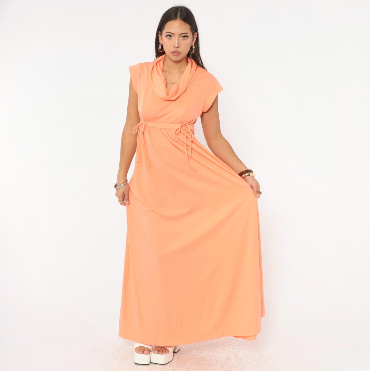 70s Peach Maxi Dress Cowl Neck Cap Sleeve Empire Waist A-Line Medium