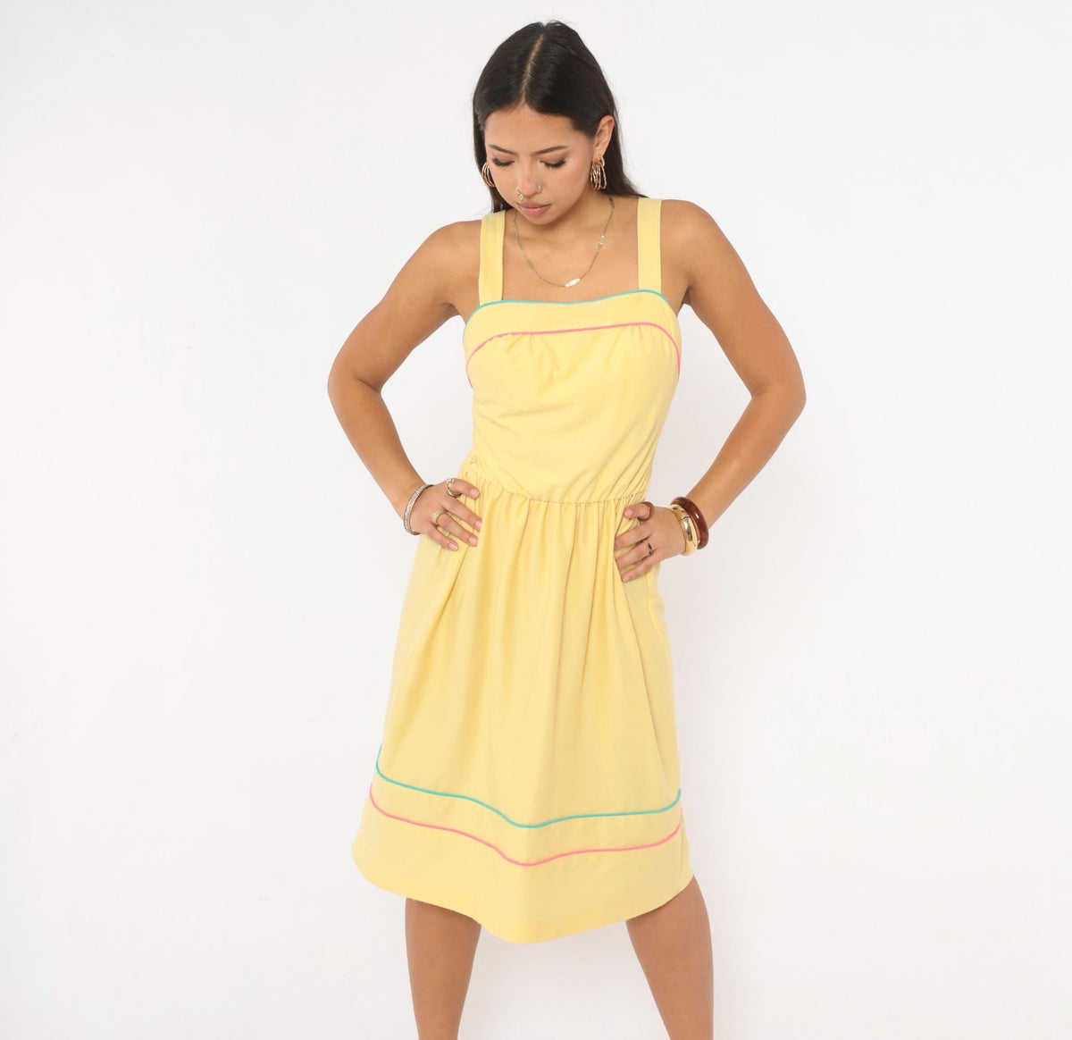 80s Yellow Sundress Mr. Joe Square Neck Teal Pink Piping Medium