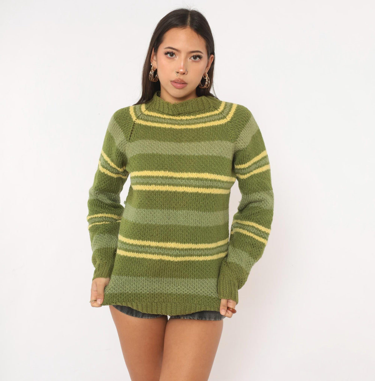 90s Olive Striped Wool Hand Knit Sweater Raglan Brown Elbow Patches Medium