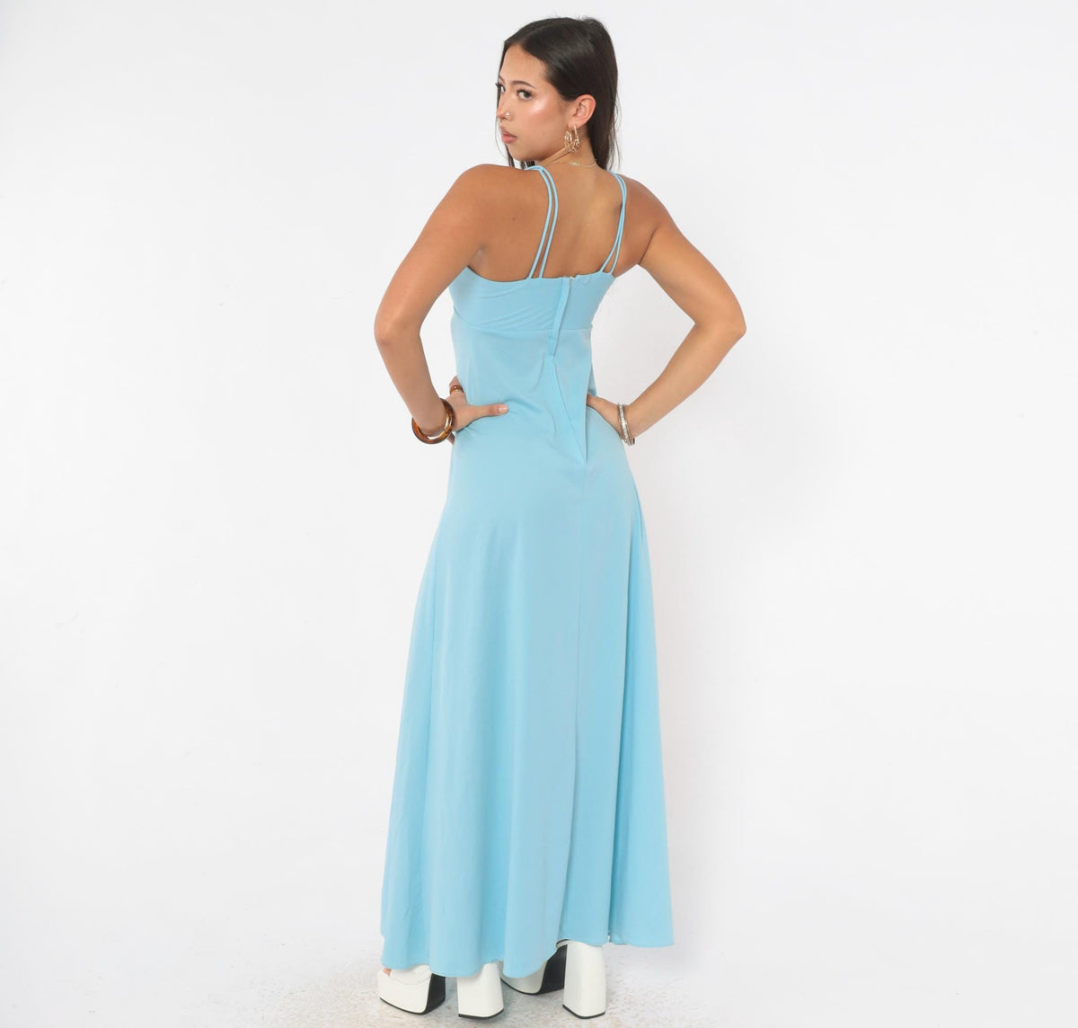 70s Light Blue Maxi Dress Empire Waist Tie Front Spaghetti Strap Extra Small