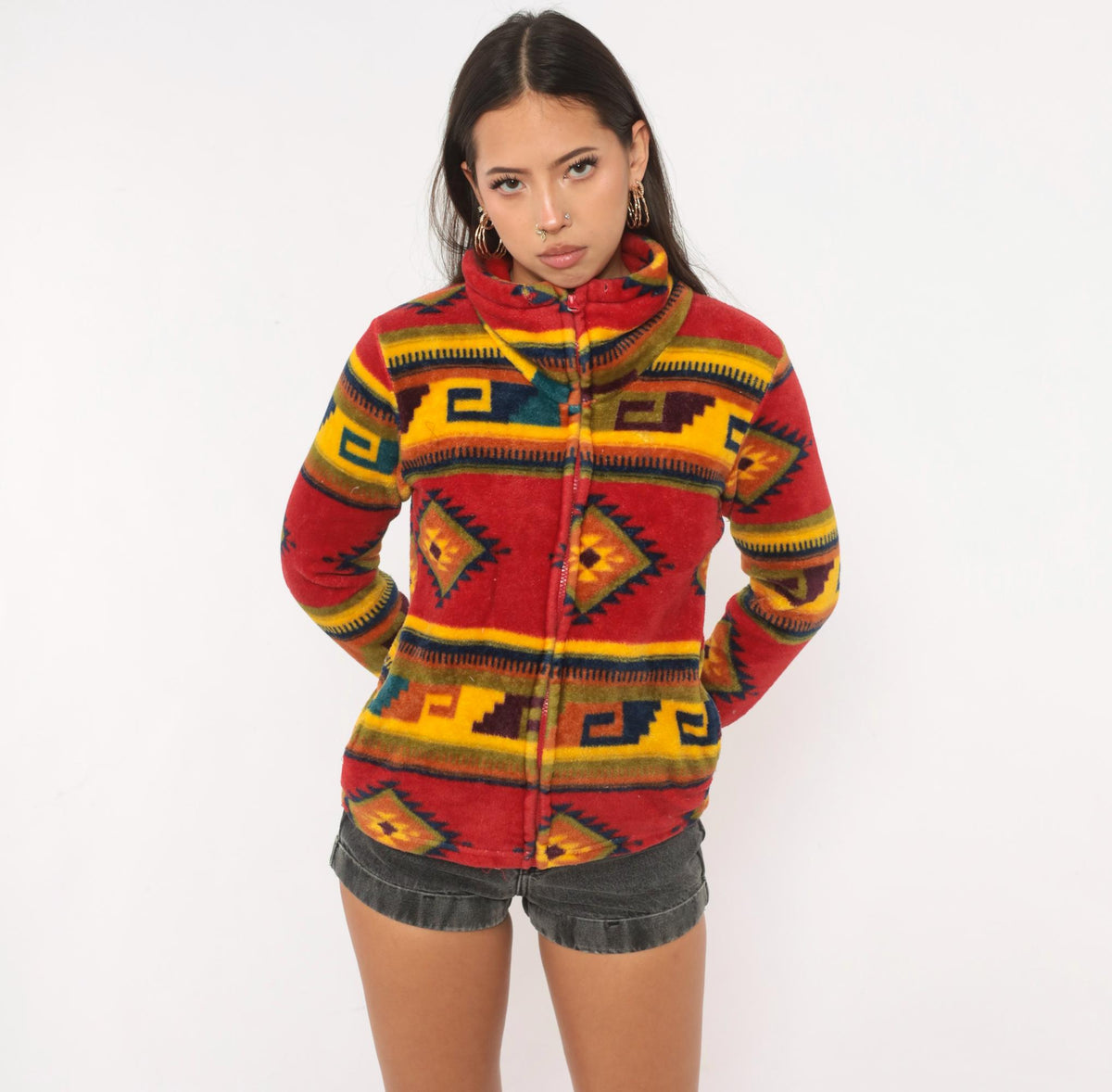 90s Trail Crest Southwestern Aztec Zip Jacket Red Mock Neck Extra Small XS