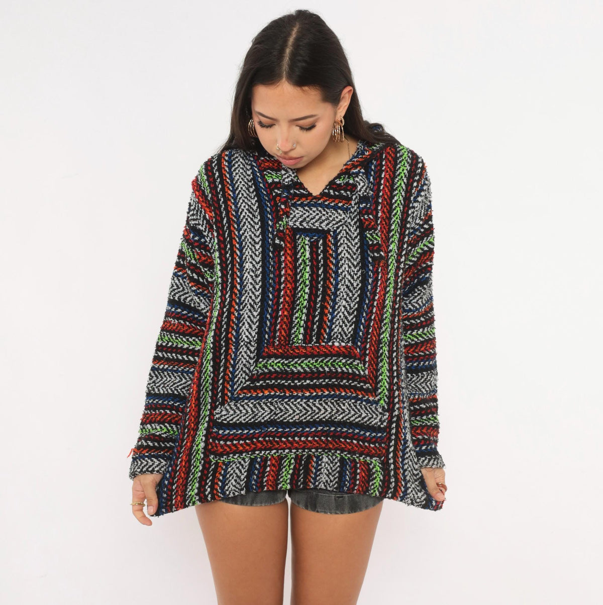 90s Earth Ragz Baja Hoodie Striped Black White Neon Green Small