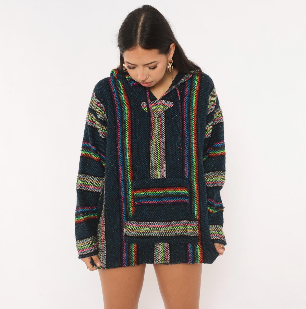 90s Navy Baja Hoodie Rainbow Stripe Woven Pullover Kangaroo Pocket Medium