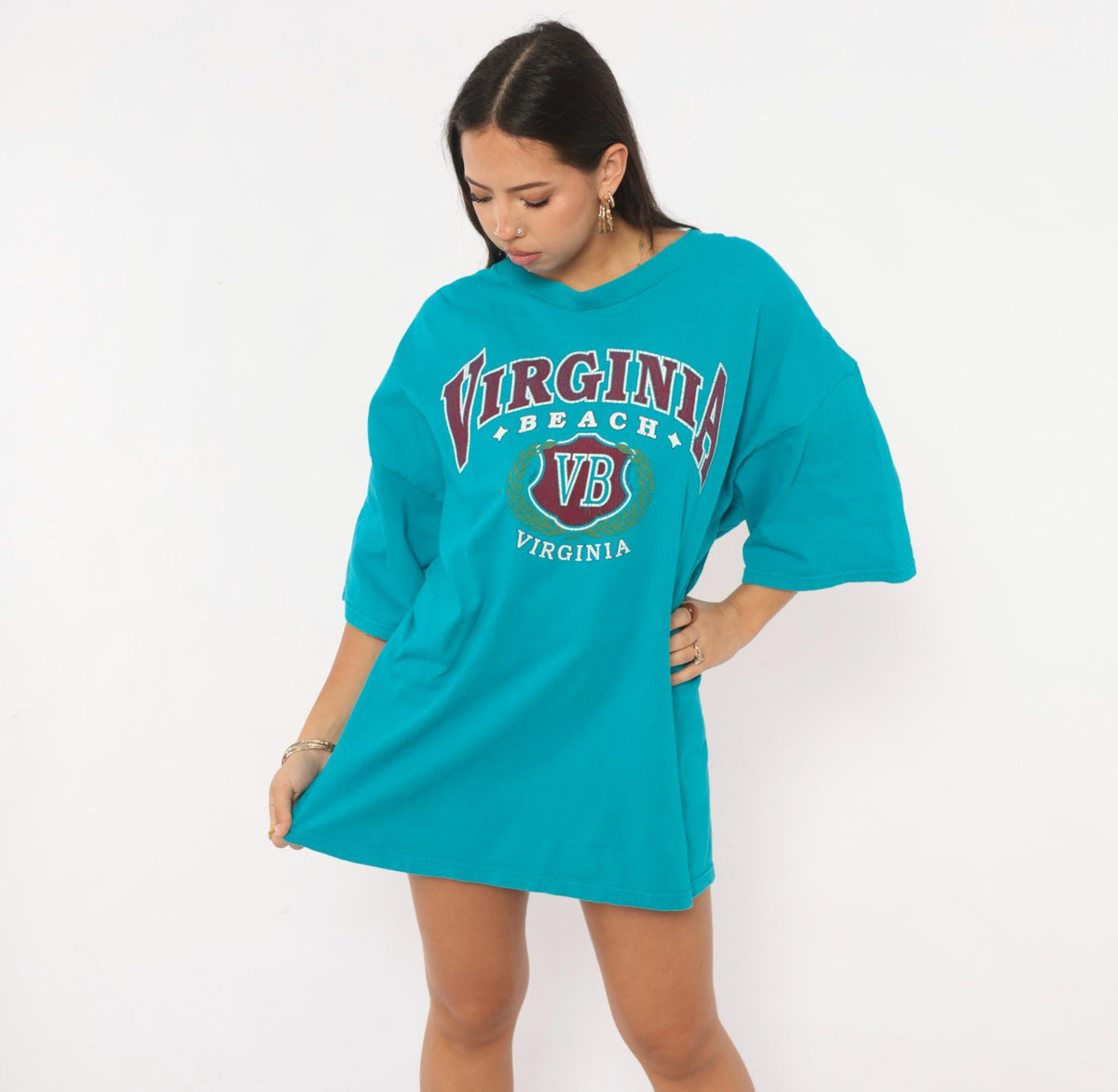 90s Virginia Beach Teal Souvenir Tee Cotton Burgundy Graphic Plus Size XXL