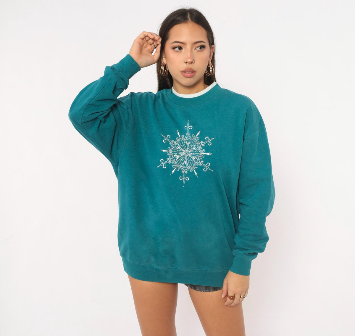 90s M&C Sportswear Teal Snowflake Embroidered Sweatshirt Beaded Crewneck Large L