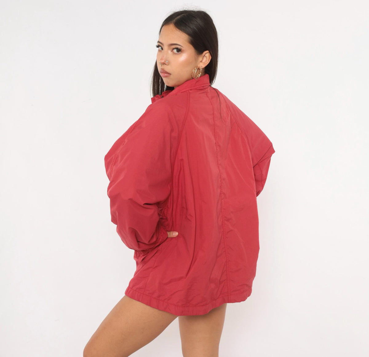90s Eddie Bauer Red Nylon Windbreaker Jacket Raglan Snap Collar Medium M