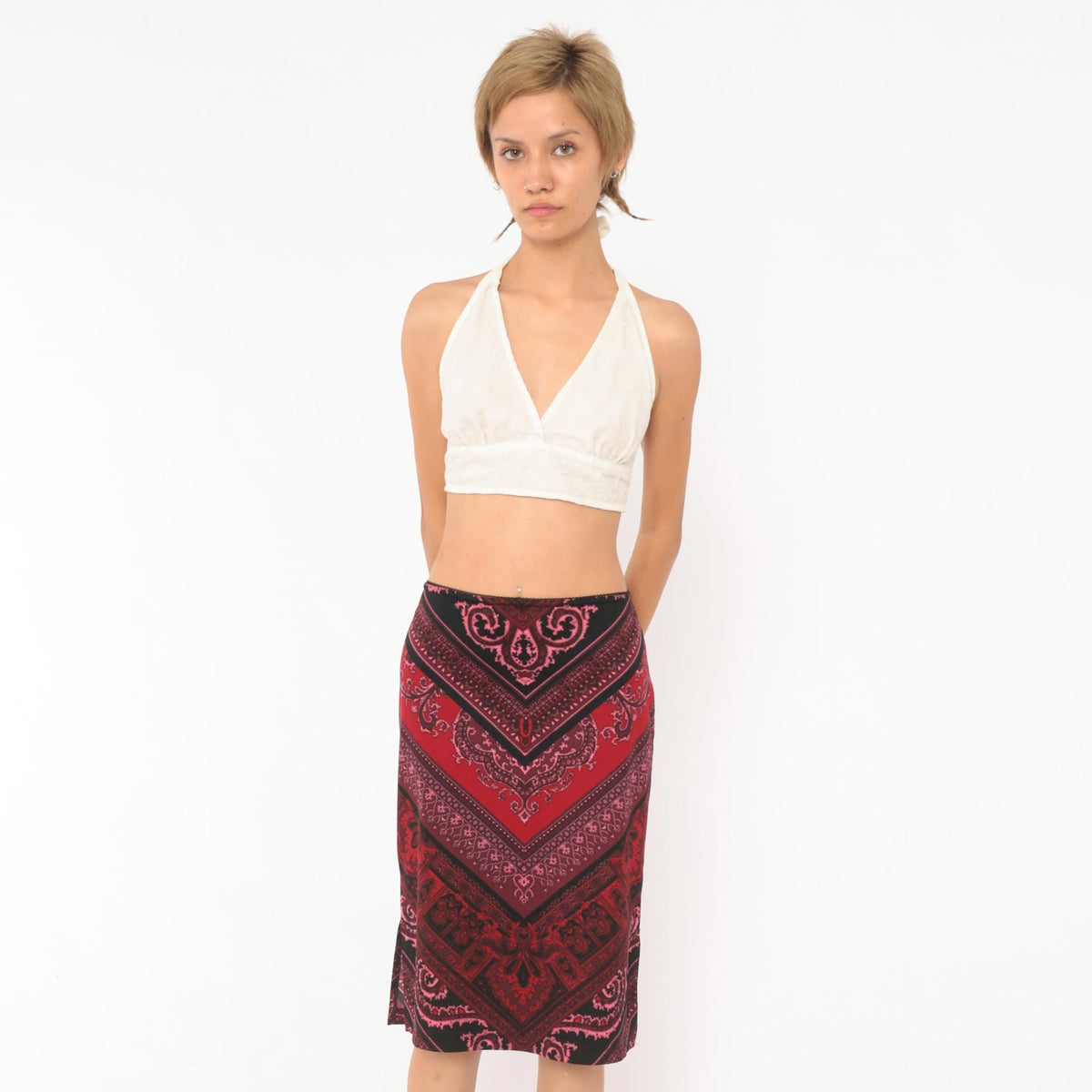 Y2K Tempted Paisley Bandana Chevron Skirt Black Red Burgundy Large