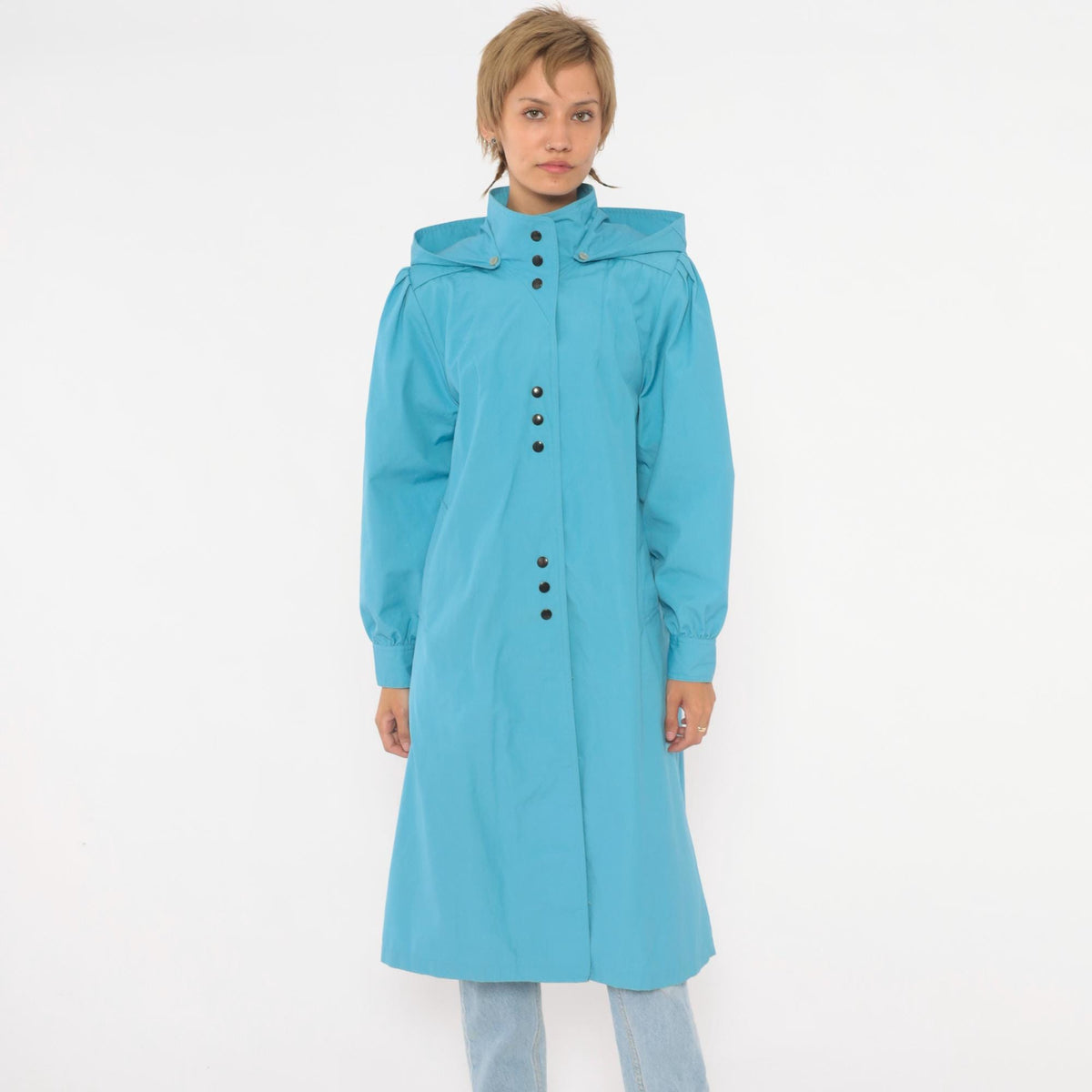 70s Blue Hooded Raincoat Snap Front Trench Puff Sleeve Medium