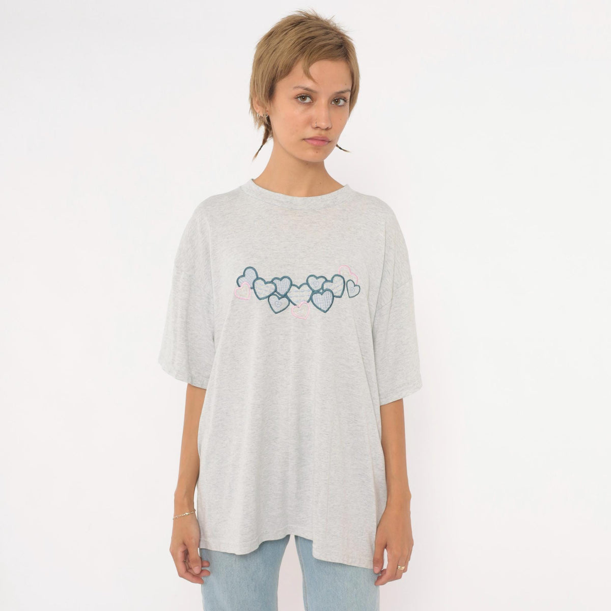 90s Fruit of the Loom Heart Embroidered T-Shirt Grey Cotton Blend Extra Large XL