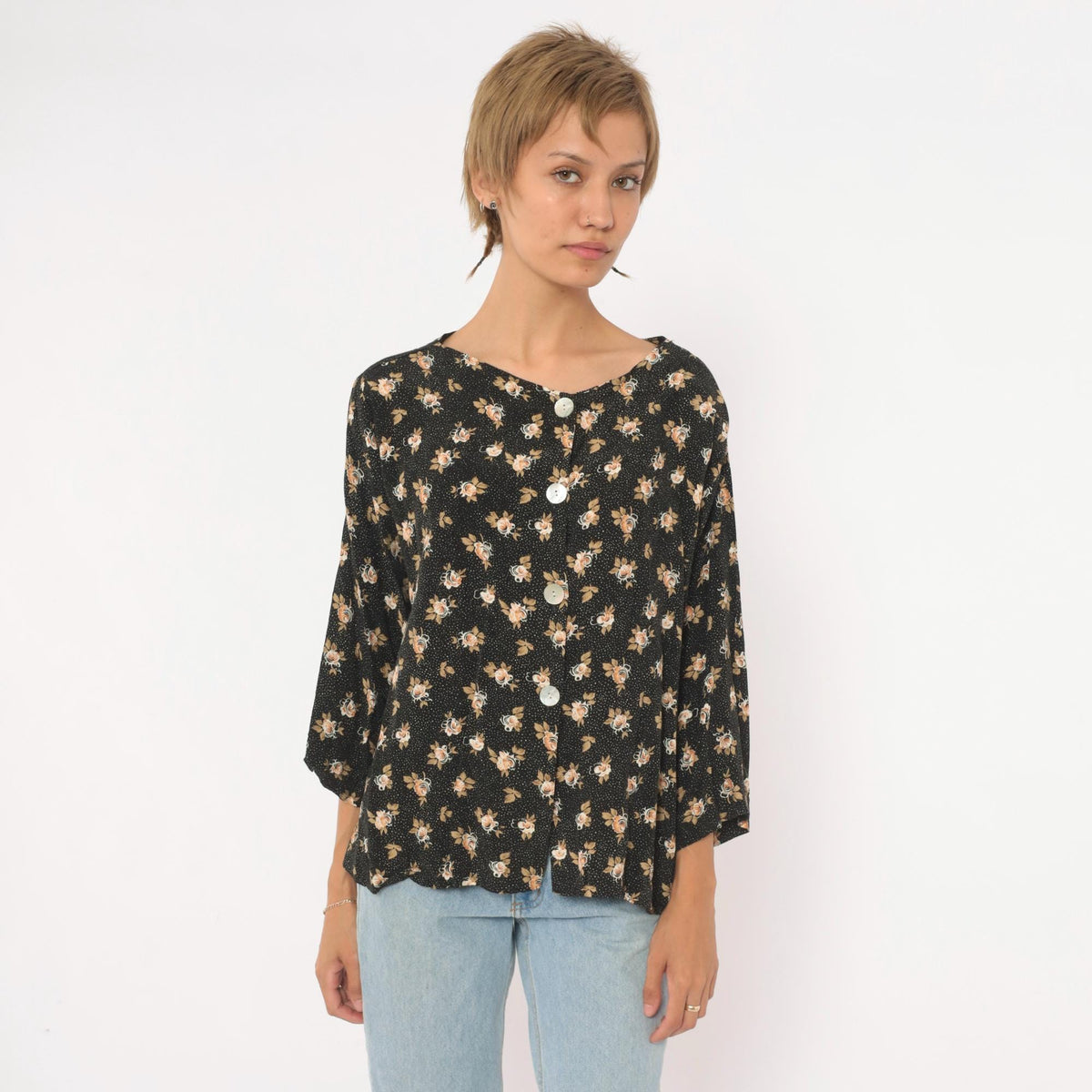 90s Black Floral Rose Print Button-Front Blouse Cream Tan Large L