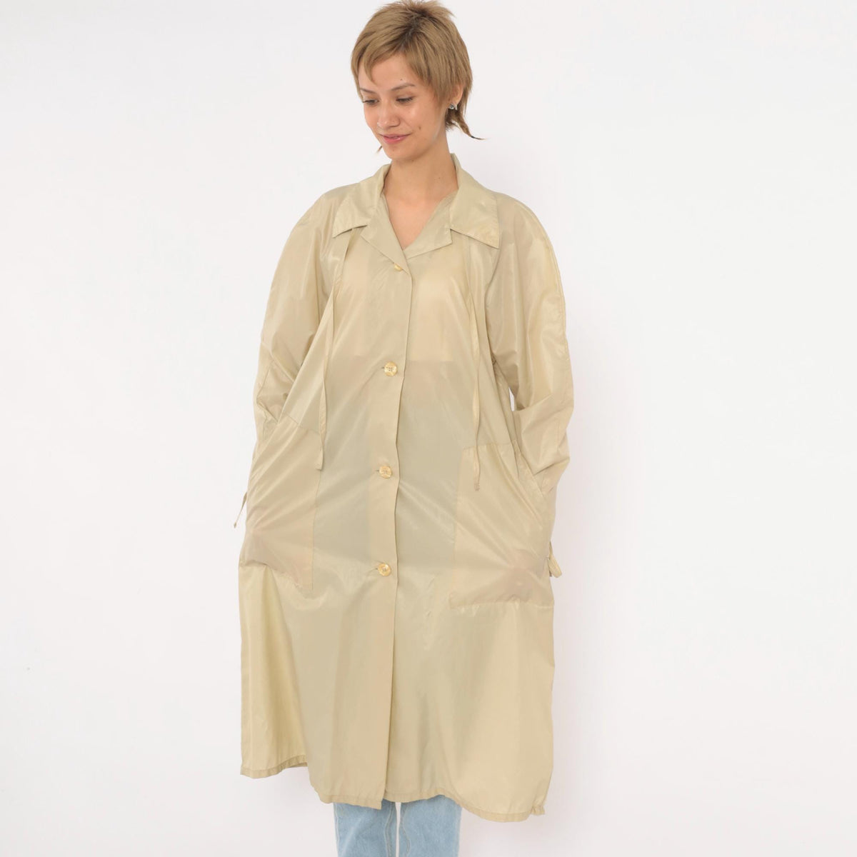 80s Aqua Sheen Cream Nylon Trench Coat Pointed Collar Midi Length Medium M