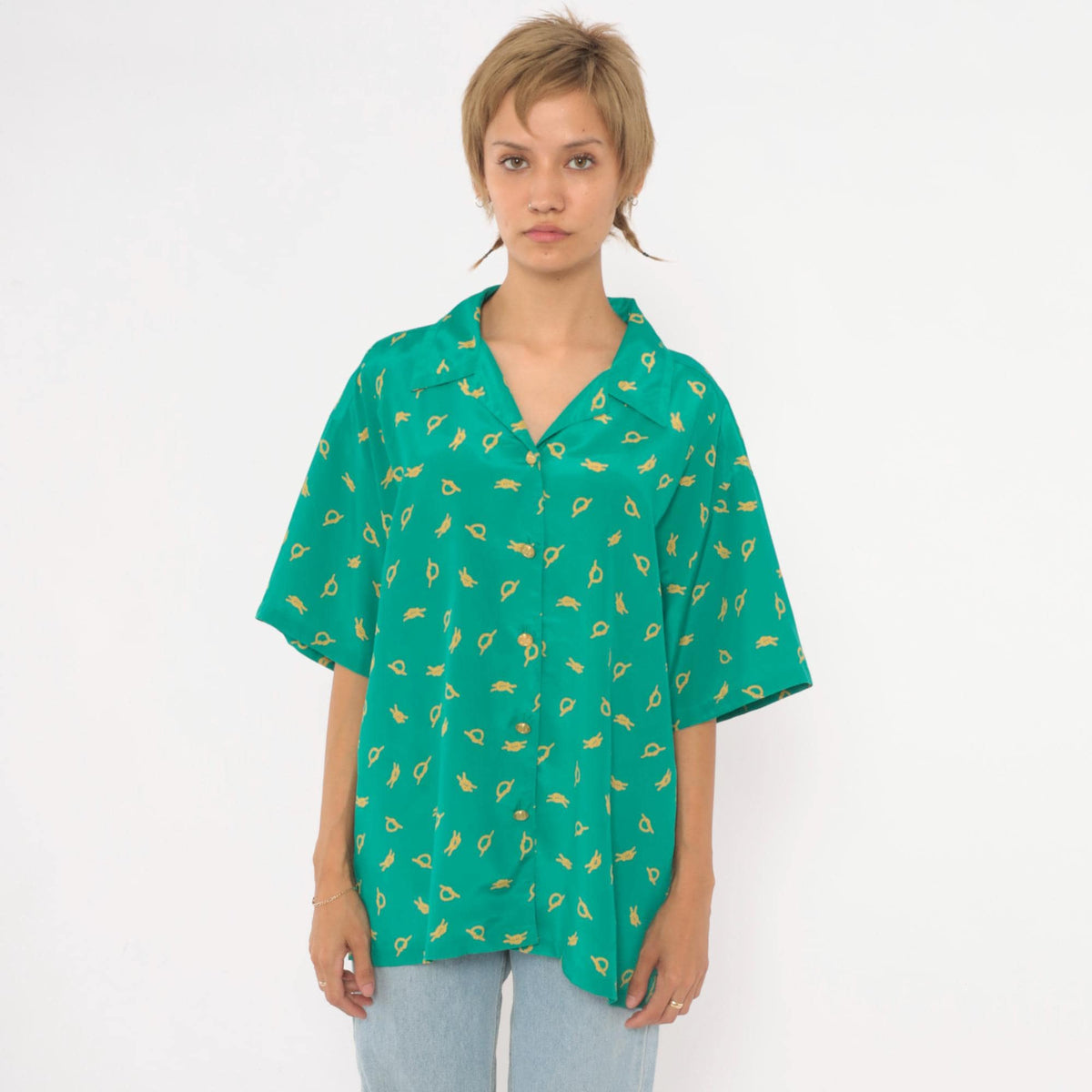 90s Leslie Fay Nautical Knot Print Blouse Teal Camp Collar Large L