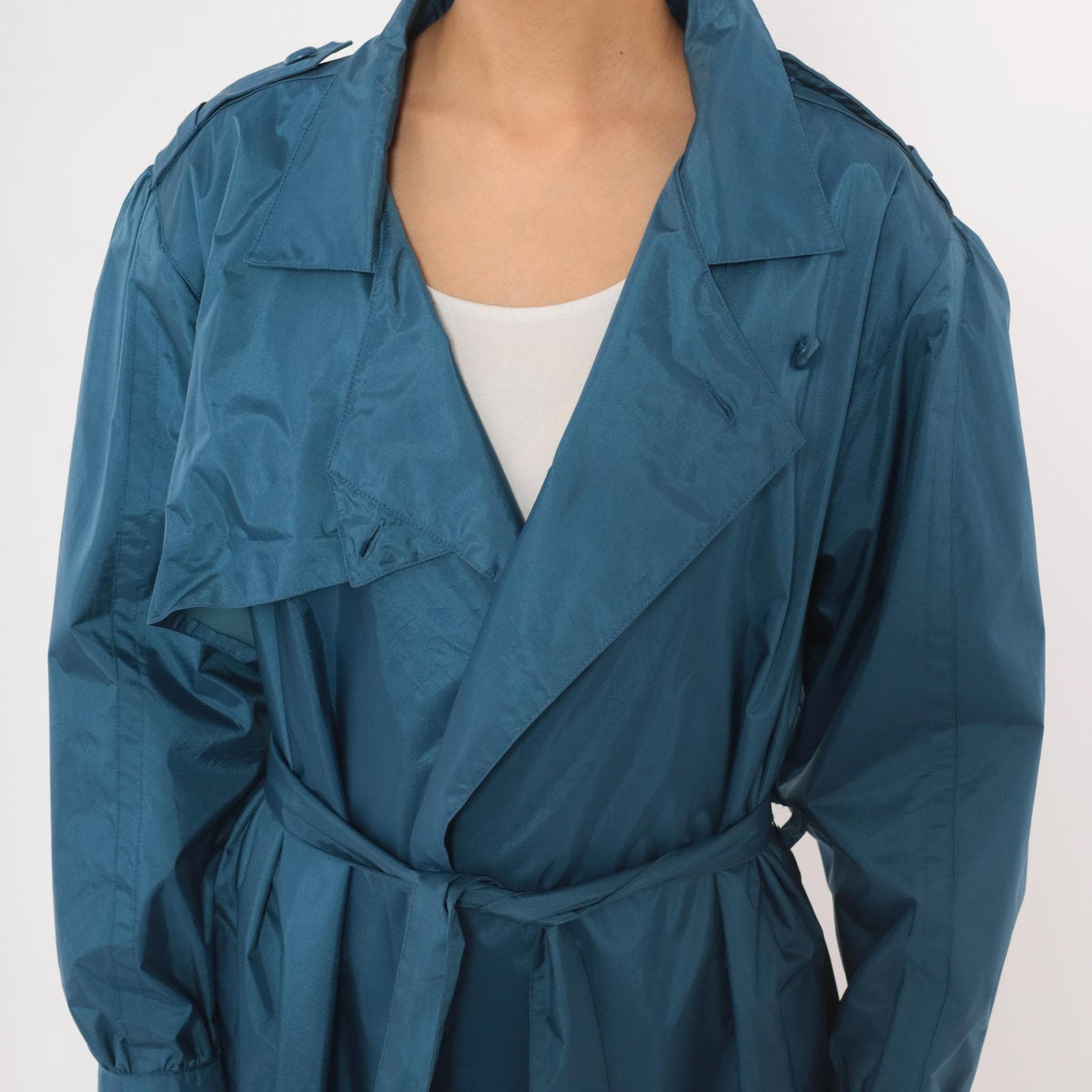 80s J.Gallery Blue Nylon Trench Coat Belted Epaulettes Medium M