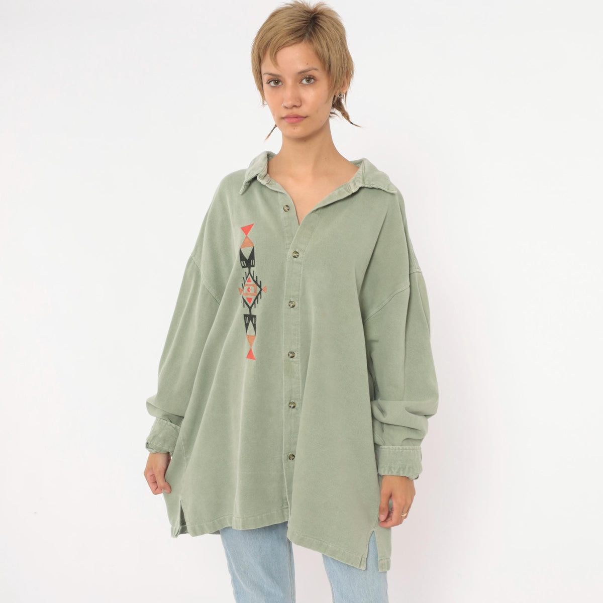 90s 4Fun Originals Southwestern Button Up Shirt Olive Green Geometric Plus Size XXL