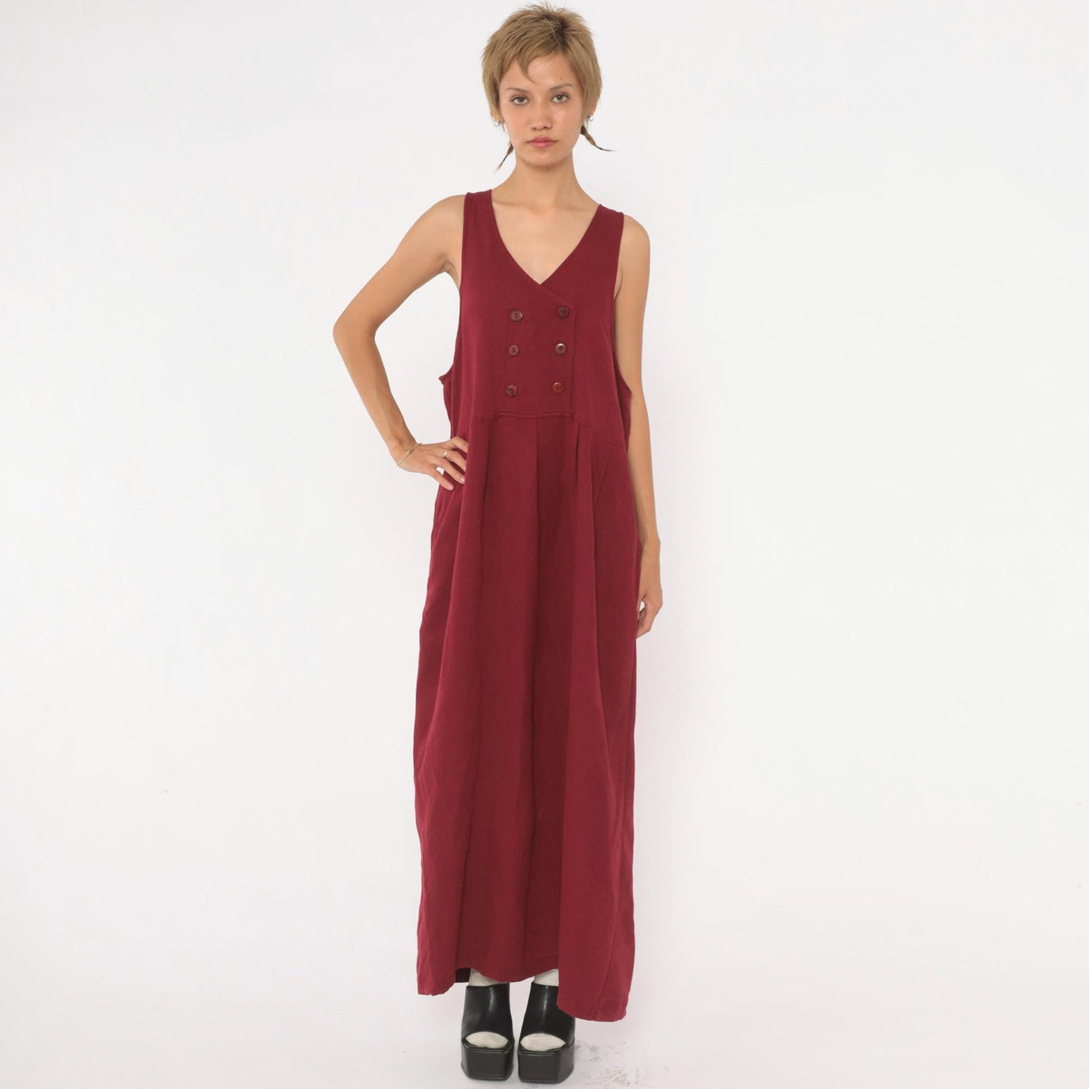 90s Burgundy Maxi Pinafore Dress V Neck Double Breasted Sleeveless Medium M