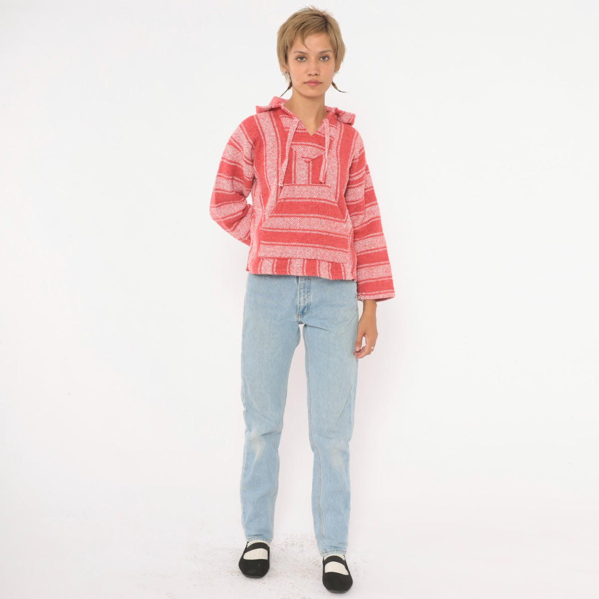 90s Baja Hoodie Coral Pink Striped Woven Cotton Pullover Extra Small XS