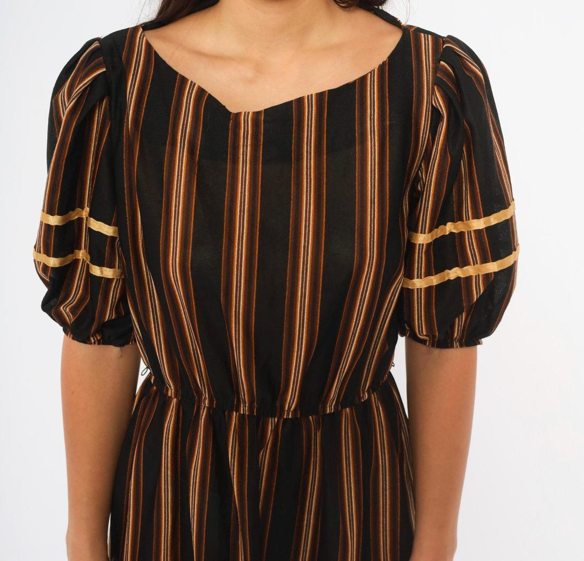 80s Jane Baar Striped Dress Puff Sleeve Gold Ribbon Trim Knee Length Small