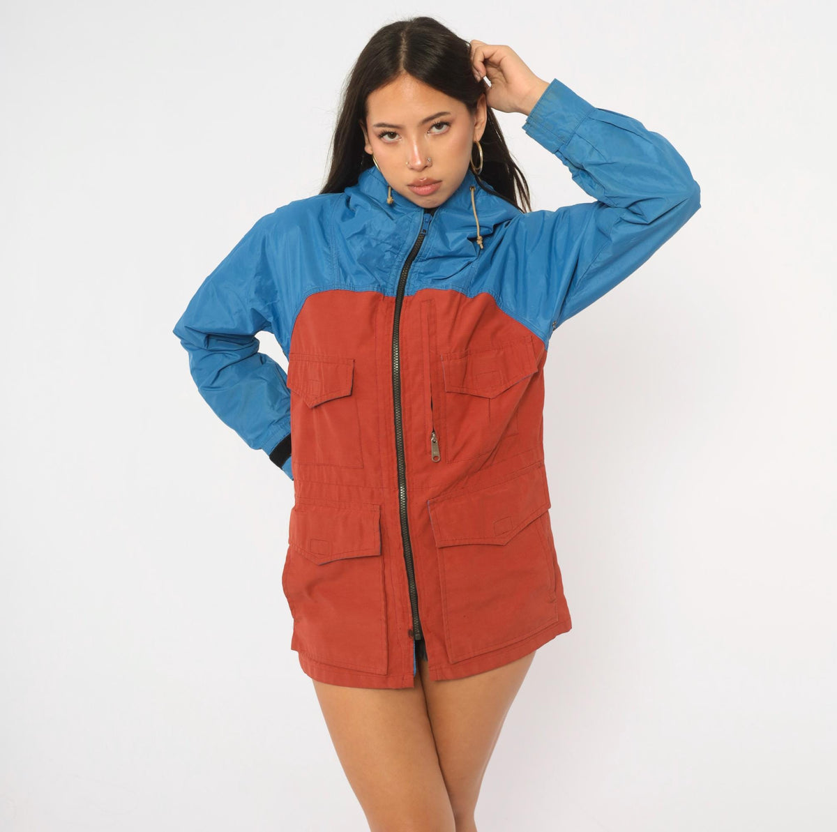 80s Jansport Hooded Windbreaker Cobalt Blue Rust Color Block Small