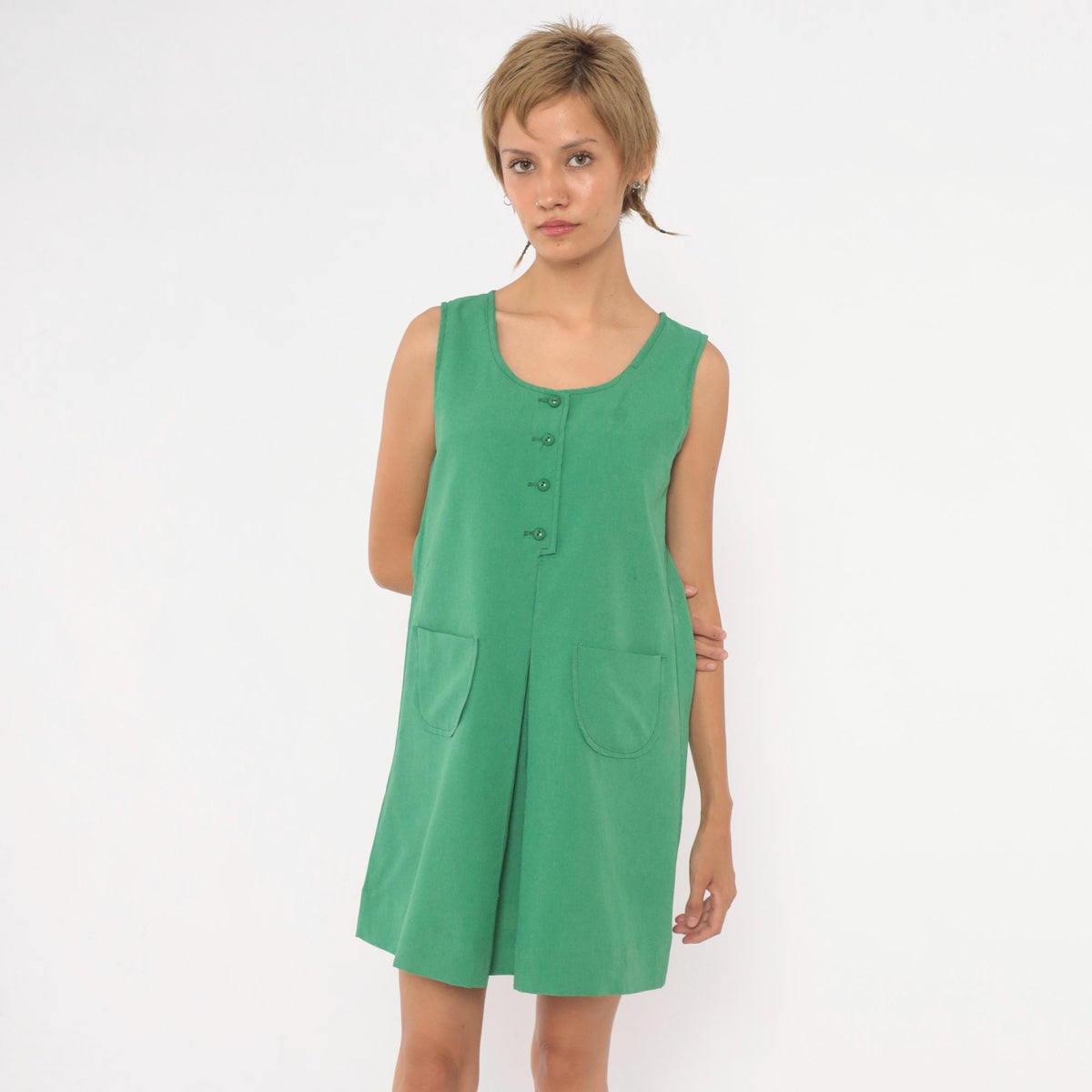 80s Kelly Green Mini Dress Sleeveless A-Line Shift Scoop Neck Extra Small XS