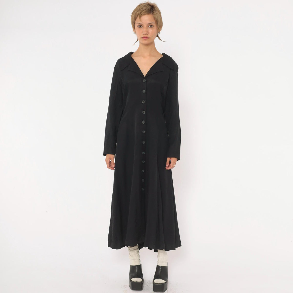 90s Cosmopolitan Black Midi Dress Collared V Neck Corset Lace Up Large L