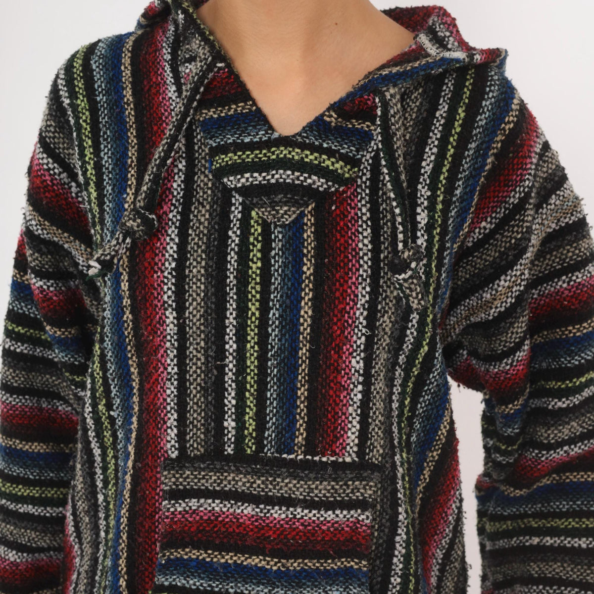 90s Artesanias Cuamatz Baja Hoodie Black Rainbow Stripe Woven Pullover Large L