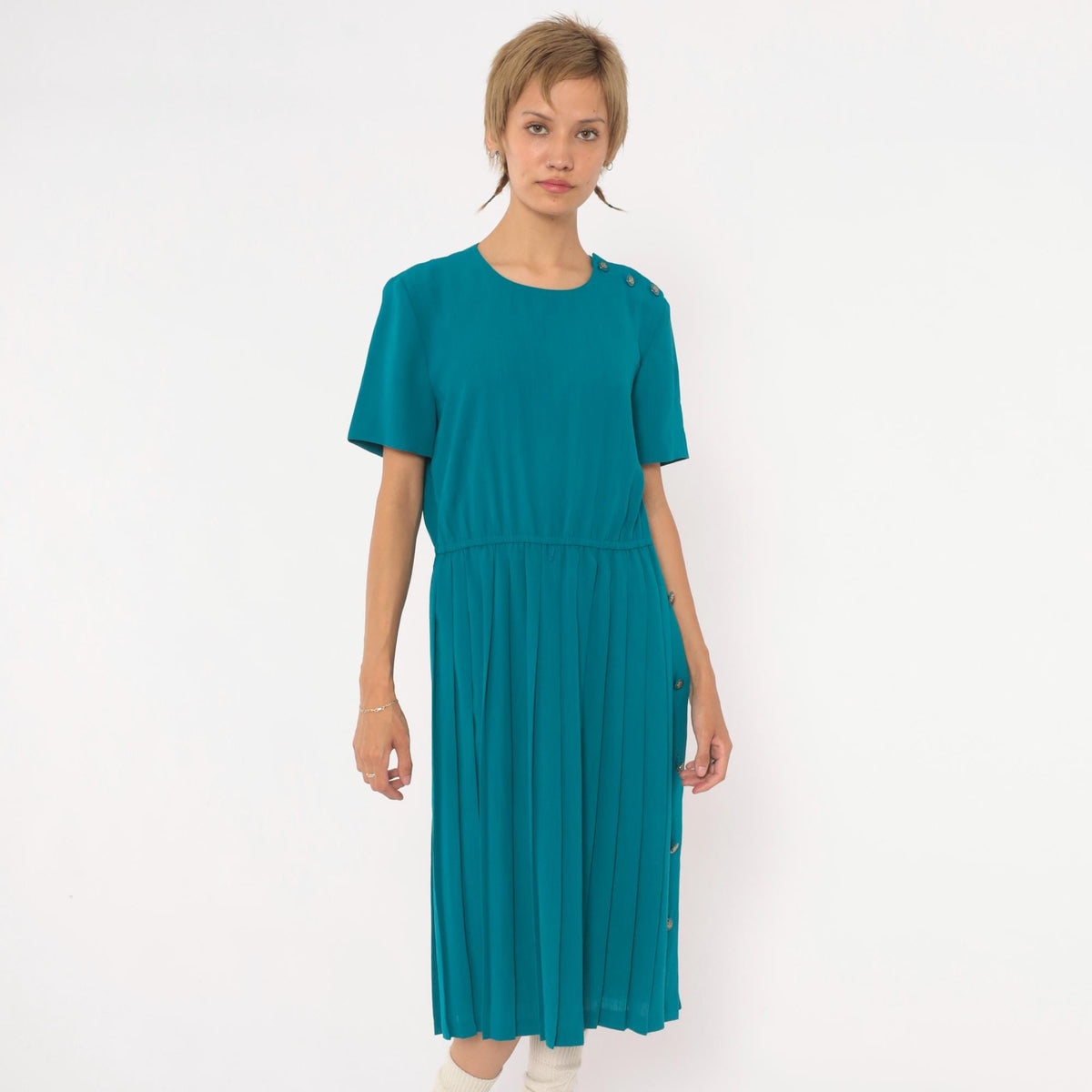 80s Leslie Fay Teal Pleated Midi Dress Shoulder Pads Accordion Skirt Small